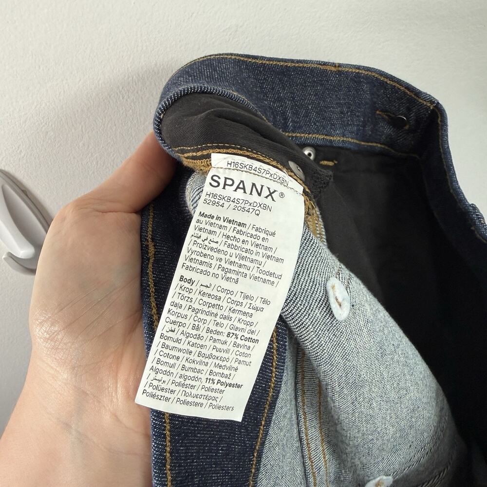 Spanx Wide Leg Pull On Jeans Raw Indigo Dark Wash Stretch Hi Rise Womens Large - Picture 9 of 11